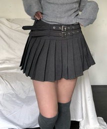 アイレットベルト付きストライププリーツテニスミニスカート