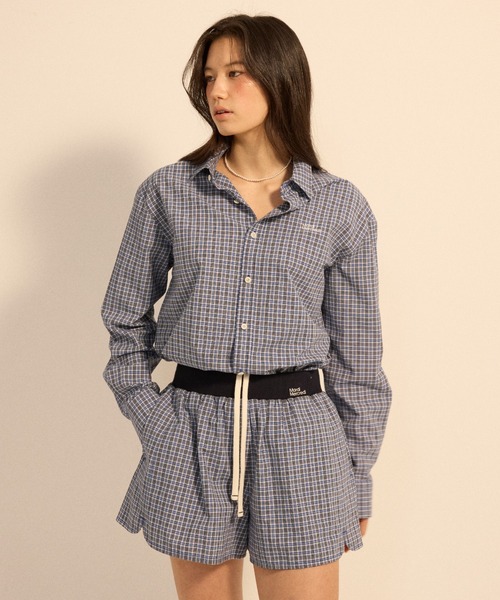 Mardi Mercredi(マルディメクルディ)の「COTTON SHORTS CHECK CONTRAST WAISTBAND / コットン ショートパンツ チェック コントラスト ウエストバンド(その他パンツ・レディース・ブルー/ネイビー・FREE)」の1枚目の写真