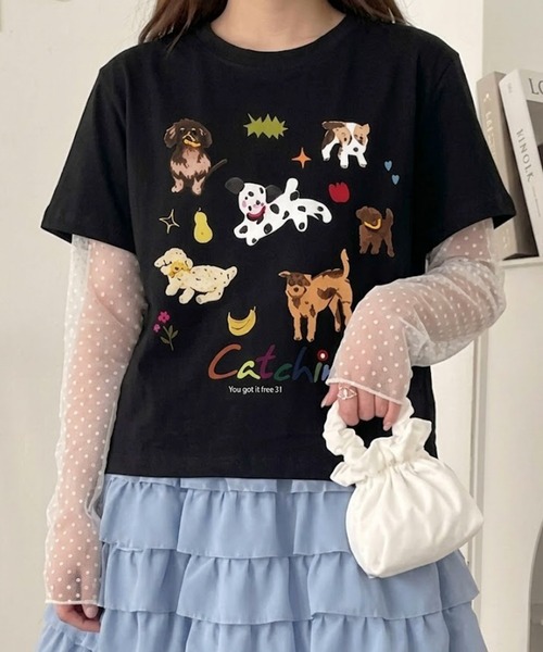 pyornim（ピョルニム）の「ドッグ イラストプリント  Tシャツ（Tシャツ/カットソー・レディース・ブラック/ホワイト・F）」の2枚目の写真
