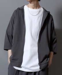 3/4-Sleeve Full-Zip Hoodie in Seersucker-Knit Fabric/カットサッカー七分袖フルジップパーカー メンズ レディース ユニセックス