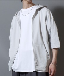 3/4-Sleeve Full-Zip Hoodie in Seersucker-Knit Fabric/カットサッカー七分袖フルジップパーカー メンズ レディース ユニセックス