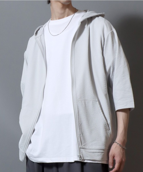 セール】3/4-Sleeve Full-Zip Hoodie in Seersucker-Knit Fabric