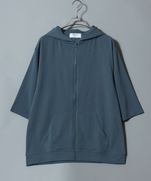 ANPAS（アンパス）の「3/4-Sleeve Full-Zip Hoodie in Seersucker-Knit Fabric/カットサッカー七分袖フルジップパーカー メンズ レディース ユニセックス（パーカー・メンズ・スミクロ/ライトグレー/ブルーグリーン・M/L/XL）」の22枚目の写真