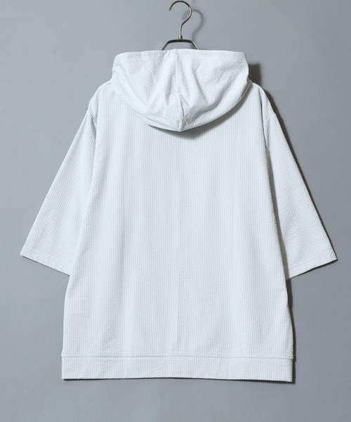 ANPAS（アンパス）の「3/4-Sleeve Full-Zip Hoodie in Seersucker-Knit Fabric/カットサッカー七分袖フルジップパーカー メンズ レディース ユニセックス（パーカー・メンズ・スミクロ/ライトグレー/ブルーグリーン・M/L/XL）」の18枚目の写真