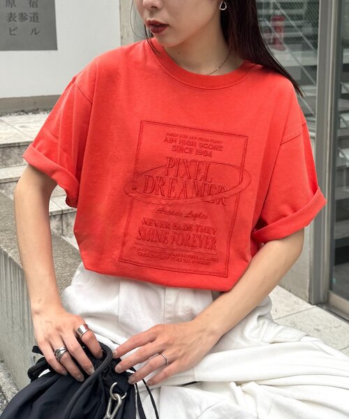 CIAOPANIC TYPY（チャオパニックティピー）の「【UNISEX】【プラスサイズあり】スクエア総刺繍ロゴTシャツ（Tシャツ/カットソー・レディース・オレンジ/ミント/ホワイト/ブルー/チャコールグレー/グレー・XX-LARGE/LARGE/MEDIUM）」の6枚目の写真