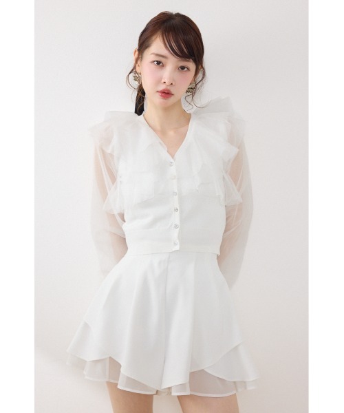 rienda（リエンダ）の「チュールフリルシアーニットカーディガン　春服　夏服（カーディガン/ボレロ・レディース・ホワイト/ブルー/ブラック・FREE）」の2枚目の写真