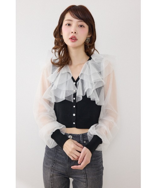 rienda（リエンダ）の「チュールフリルシアーニットカーディガン　春服　夏服（カーディガン/ボレロ・レディース・ホワイト/ブルー/ブラック・FREE）」の3枚目の写真