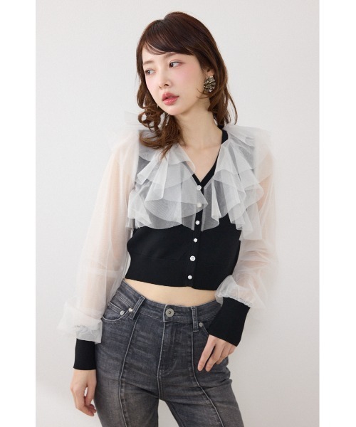 rienda（リエンダ）の「チュールフリルシアーニットカーディガン　春服　夏服（カーディガン/ボレロ・レディース・ホワイト/ブルー/ブラック・FREE）」の5枚目の写真