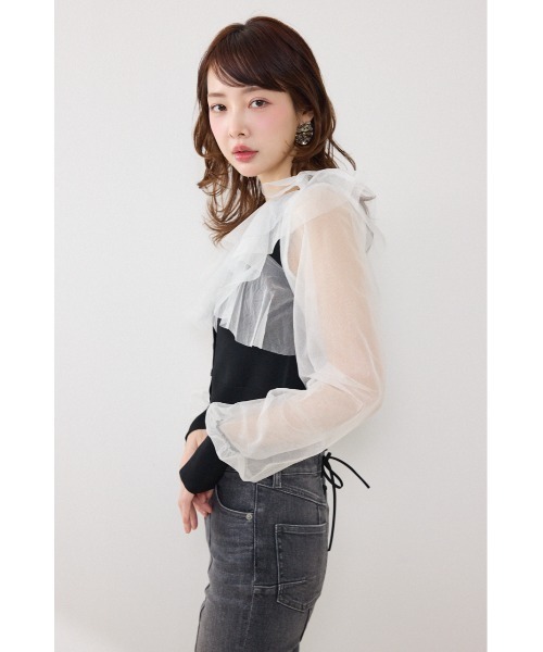 rienda（リエンダ）の「チュールフリルシアーニットカーディガン　春服　夏服（カーディガン/ボレロ・レディース・ホワイト/ブルー/ブラック・FREE）」の6枚目の写真