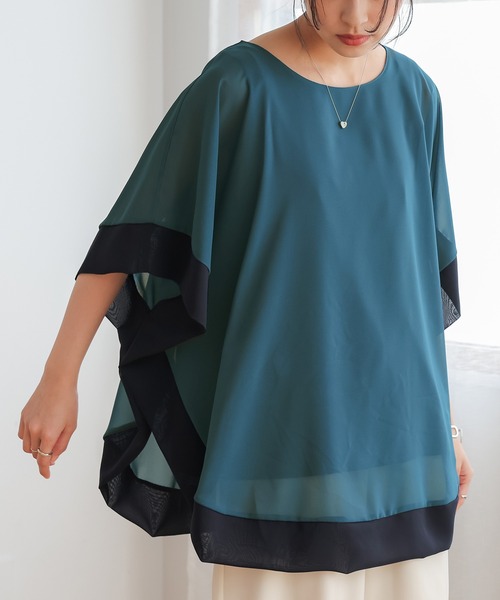 n'OrLABEL（ノアールレーベル）の「配色シフォンレイヤードトップス（Tシャツ/カットソー・レディース・ブラック/モカ/ブルーグリーン・2/1）」の3枚目の写真