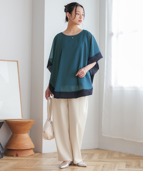 n'OrLABEL（ノアールレーベル）の「配色シフォンレイヤードトップス（Tシャツ/カットソー・レディース・ブラック/モカ/ブルーグリーン・2/1）」の14枚目の写真
