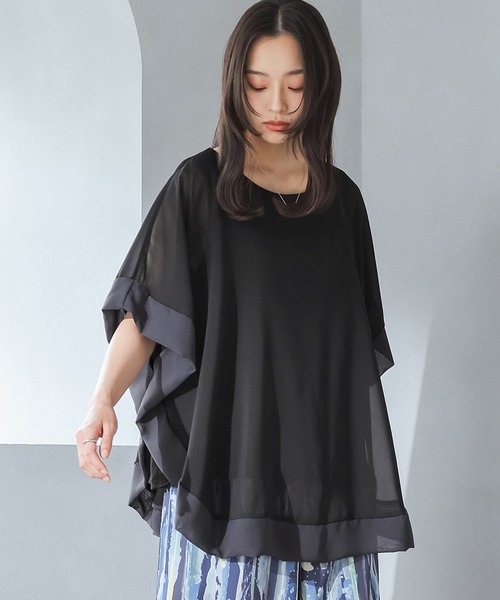 n'OrLABEL（ノアールレーベル）の「配色シフォンレイヤードトップス（Tシャツ/カットソー・レディース・ブラック/モカ/ブルーグリーン・2/1）」の5枚目の写真