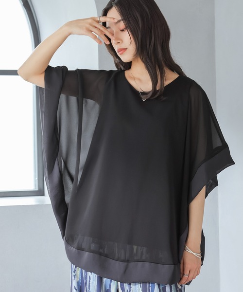 n'OrLABEL（ノアールレーベル）の「配色シフォンレイヤードトップス（Tシャツ/カットソー・レディース・ブラック/モカ/ブルーグリーン・2/1）」の8枚目の写真