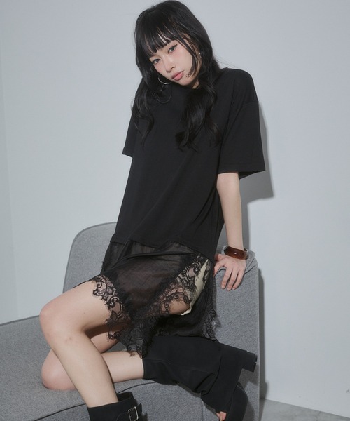 ENVYM(アンビー)の「ヘムレースビックTシャツ(Tシャツ/カットソー・レディース・ブラック/イエロー/ホワイト/ブラウン・FREE)」の2枚目の写真