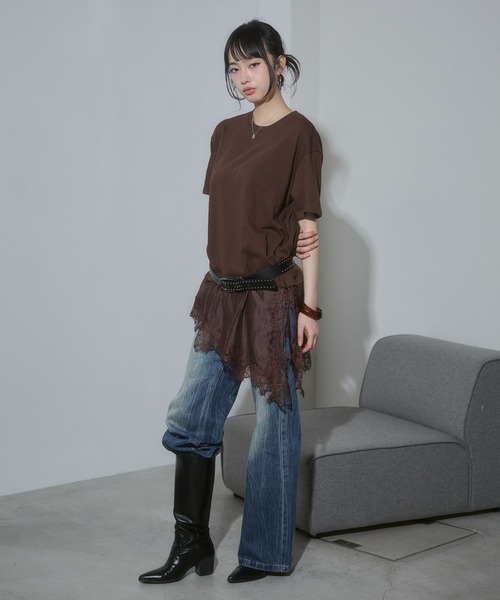 ENVYM(アンビー)の「ヘムレースビックTシャツ(Tシャツ/カットソー・レディース・ブラック/イエロー/ホワイト/ブラウン・FREE)」の16枚目の写真
