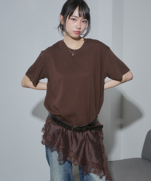 ENVYM(アンビー)の「ヘムレースビックTシャツ(Tシャツ/カットソー・レディース・ブラック/イエロー/ホワイト/ブラウン・FREE)」の14枚目の写真