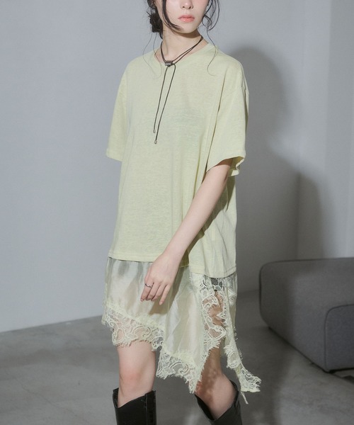 ENVYM(アンビー)の「ヘムレースビックTシャツ(Tシャツ/カットソー・レディース・ブラック/イエロー/ホワイト/ブラウン・FREE)」の6枚目の写真