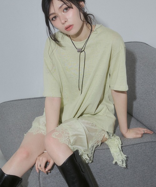 ENVYM(アンビー)の「ヘムレースビックTシャツ(Tシャツ/カットソー・レディース・ブラック/イエロー/ホワイト/ブラウン・FREE)」の5枚目の写真