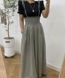 ウエストギャザー コンビネーション ワイドレッグオールインワン
