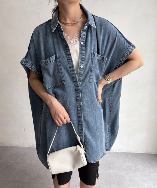 DouDou(ドゥドゥ)の「バックジョーゼット切替リヨセルデニムチュニックシャツ(シャツ/ブラウス・レディース・ブルー/ブラック・FREE)」の15枚目の写真