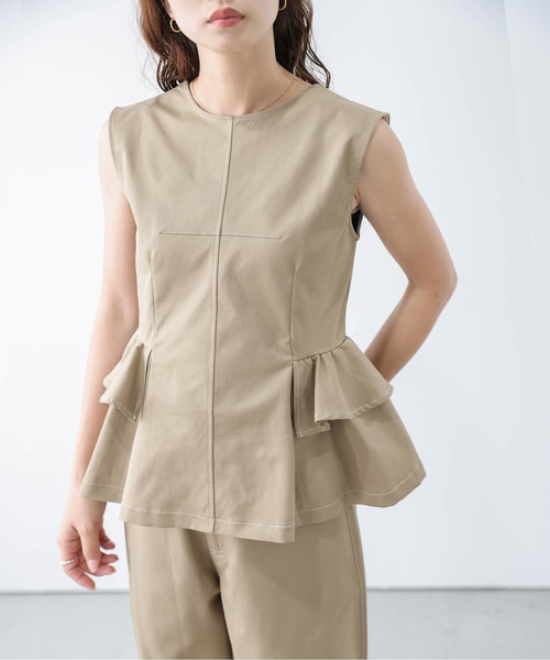 AMELY(エミリー)の「ペプラム×ワイドパンツセットアップ(セットアップ・レディース・ブラック/ブラウン/ブルー/ライトベージュ・M/L)」の12枚目の写真