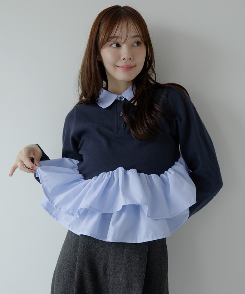 AMUU. PRECIEUSE（アムープレシューズ）の「シャツドッキングフリルヘムティアードニット（ニット/セーター・レディース・ブラック/ネイビー/グレー/アイボリー・FREE）」の4枚目の写真