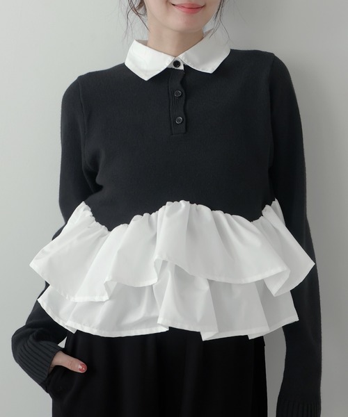 AMUU. PRECIEUSE（アムープレシューズ）の「シャツドッキングフリルヘムティアードニット（ニット/セーター・レディース・ブラック/ネイビー/グレー/アイボリー・FREE）」の9枚目の写真
