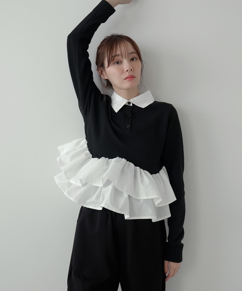 AMUU. PRECIEUSE（アムープレシューズ）の「シャツドッキングフリルヘムティアードニット（ニット/セーター・レディース・ブラック/ネイビー/グレー/アイボリー・FREE）」の10枚目の写真