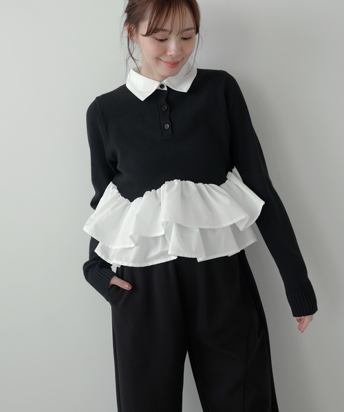 AMUU. PRECIEUSE（アムープレシューズ）の「シャツドッキングフリルヘムティアードニット（ニット/セーター・レディース・ブラック/ネイビー/グレー/アイボリー・FREE）」の14枚目の写真