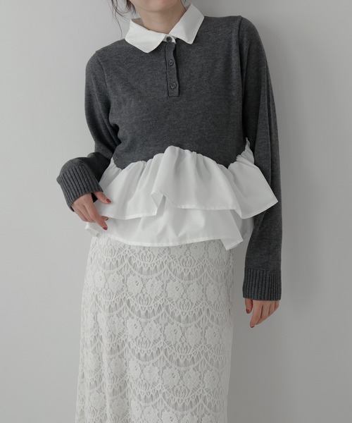 AMUU. PRECIEUSE（アムープレシューズ）の「シャツドッキングフリルヘムティアードニット（ニット/セーター・レディース・ブラック/ネイビー/グレー/アイボリー・FREE）」の5枚目の写真