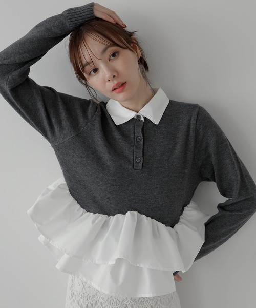 AMUU. PRECIEUSE（アムープレシューズ）の「シャツドッキングフリルヘムティアードニット（ニット/セーター・レディース・ブラック/ネイビー/グレー/アイボリー・FREE）」の8枚目の写真