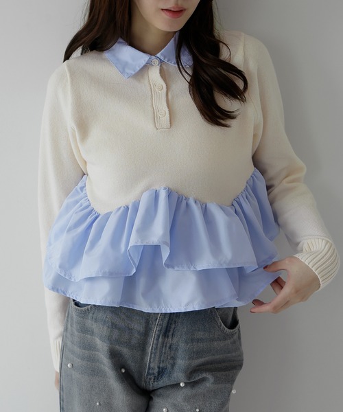 AMUU. PRECIEUSE（アムープレシューズ）の「シャツドッキングフリルヘムティアードニット（ニット/セーター・レディース・ブラック/ネイビー/グレー/アイボリー・FREE）」の15枚目の写真