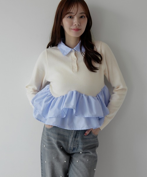 AMUU. PRECIEUSE（アムープレシューズ）の「シャツドッキングフリルヘムティアードニット（ニット/セーター・レディース・ブラック/ネイビー/グレー/アイボリー・FREE）」の16枚目の写真