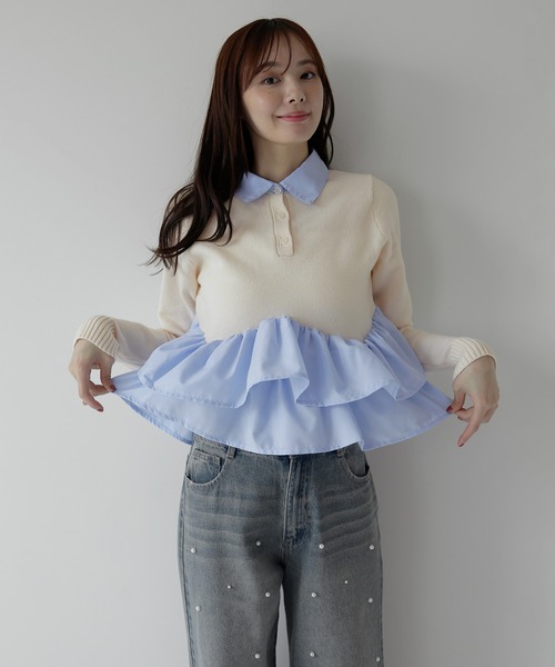 AMUU. PRECIEUSE（アムープレシューズ）の「シャツドッキングフリルヘムティアードニット（ニット/セーター・レディース・ブラック/ネイビー/グレー/アイボリー・FREE）」の20枚目の写真