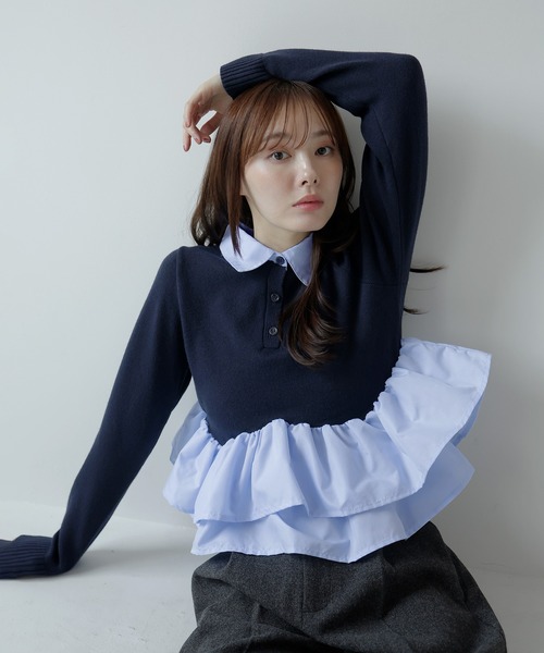 AMUU. PRECIEUSE（アムープレシューズ）の「シャツドッキングフリルヘムティアードニット（ニット/セーター・レディース・ブラック/ネイビー/グレー/アイボリー・FREE）」の21枚目の写真