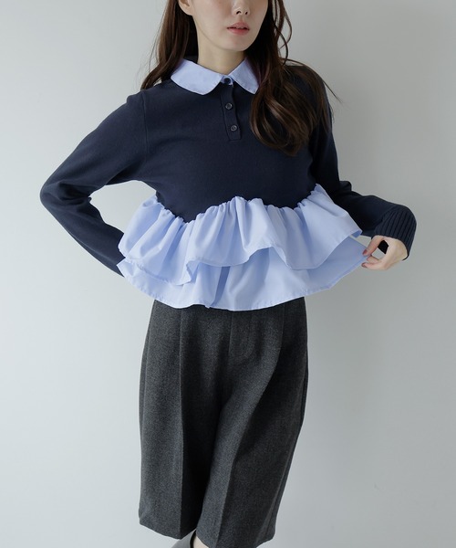 AMUU. PRECIEUSE（アムープレシューズ）の「シャツドッキングフリルヘムティアードニット（ニット/セーター・レディース・ブラック/ネイビー/グレー/アイボリー・FREE）」の22枚目の写真