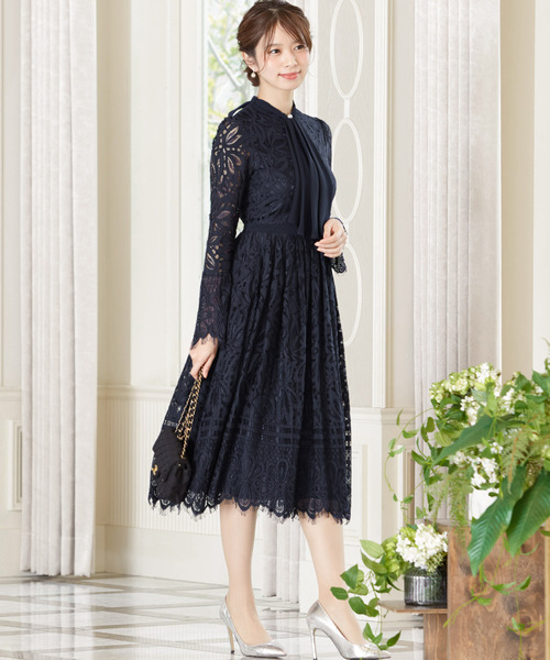 残りわずか 二次会 成人式 同窓会 謝恩会 お呼ばれ対応フォーマルパーティードレス ドレス Girl ガール のファッション ドレス ワンピース ドレス フロントラッフルミモレ丈総レースフレア結婚式ワンピース ドレス