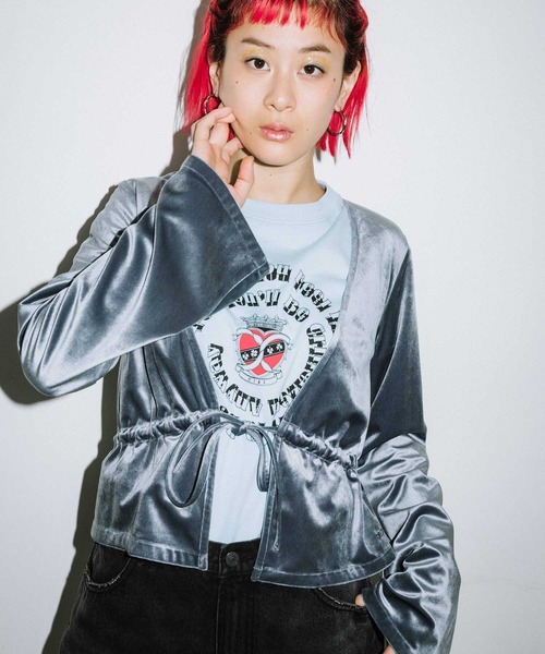 X-girl(エックスガール)の「VELOUR CARDIGAN(カーディガン/ボレロ・レディース・オリーブ/グレー/パープル・1/2)」の2枚目の写真