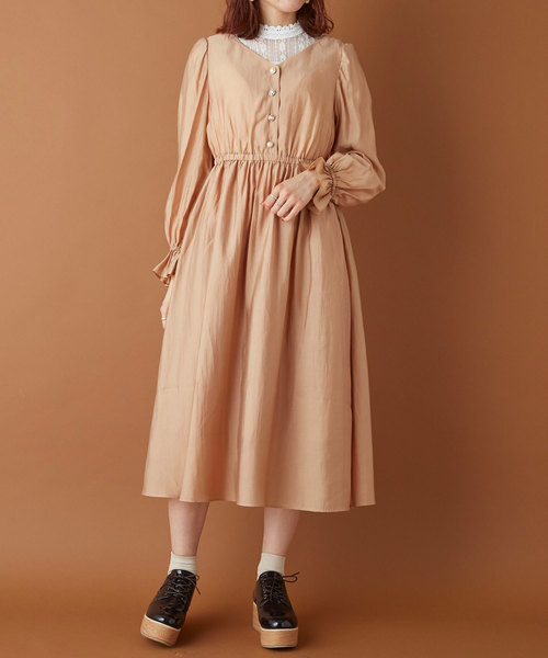 OLIVE des OLIVE(オリーブデオリーブ)の「ヴィンテージビジューボタンワンピース(ワンピース・レディース・ベージュ/ピンク系その他/グリーン・FREE)」の5枚目の写真