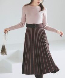 tocco closet | 前後２WAYベルト付きバイカラーストライプ編みニットワンピース(ワンピース)