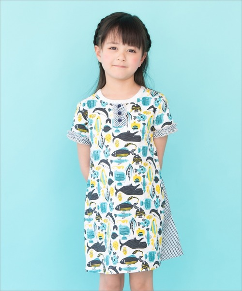 RAGMART（ラグマート）の「プリントワンピース 海のいきものたち ヤシの木（ワンピース・キッズ・グリーン/サックスブルー・95cm/90cm/80ｃｍ）」の2枚目の写真