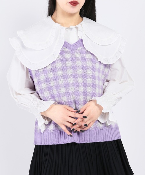 WC（ダブル シー）の「ギンガムチェックニットベスト（ベスト・レディース・ホワイト/ブラウン/ブラック/グリーン/ライトパープル・FREE）」の5枚目の写真