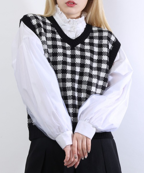 WC（ダブル シー）の「ギンガムチェックニットベスト（ベスト・レディース・ホワイト/ブラウン/ブラック/グリーン/ライトパープル・FREE）」の6枚目の写真