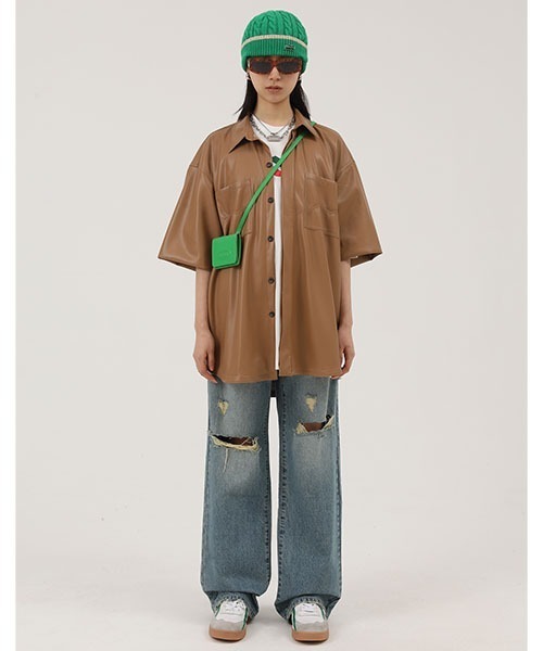MASONPRINCE（メイソンプリンス）の「【MASONPRINCE】Oversized PU leather half sleeve shirt PY4004（シャツ/ブラウス・メンズ・ブラウン/ブラック・XL/L/S/M）」の11枚目の写真