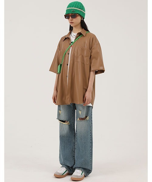 MASONPRINCE（メイソンプリンス）の「【MASONPRINCE】Oversized PU leather half sleeve shirt PY4004（シャツ/ブラウス・メンズ・ブラウン/ブラック・XL/L/S/M）」の20枚目の写真