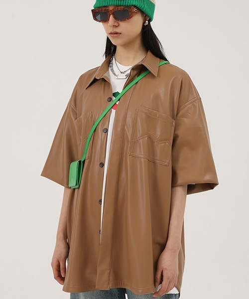 MASONPRINCE（メイソンプリンス）の「【MASONPRINCE】Oversized PU leather half sleeve shirt PY4004（シャツ/ブラウス・メンズ・ブラウン/ブラック・XL/L/S/M）」の9枚目の写真