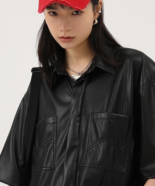 MASONPRINCE（メイソンプリンス）の「【MASONPRINCE】Oversized PU leather half sleeve shirt PY4004（シャツ/ブラウス・メンズ・ブラウン/ブラック・XL/L/S/M）」の18枚目の写真