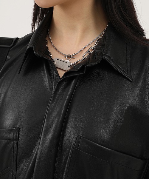 MASONPRINCE（メイソンプリンス）の「【MASONPRINCE】Oversized PU leather half sleeve shirt PY4004（シャツ/ブラウス・メンズ・ブラウン/ブラック・XL/L/S/M）」の10枚目の写真