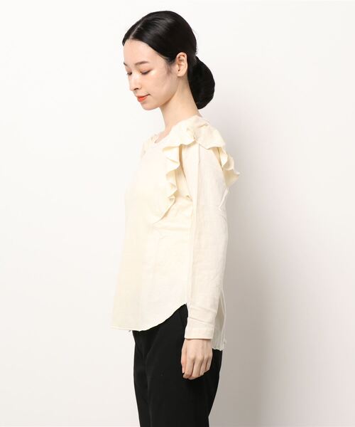 Samansa Mos2（サマンサ モスモス）の「ハニカム切替フリルTシャツ（Tシャツ/カットソー・レディース・ブラック/カーキ/オレンジ/キナリ・ﾌﾘ-）」の6枚目の写真