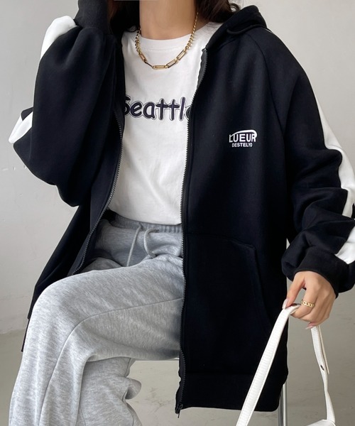 emi+（エミプラス）の「裏起毛ボリュームスリーブ配色ラインパーカー（パーカー・レディース・グレー/ブラック/モカ/ボルドー/ブラウン・S/M/XL/L）」の14枚目の写真